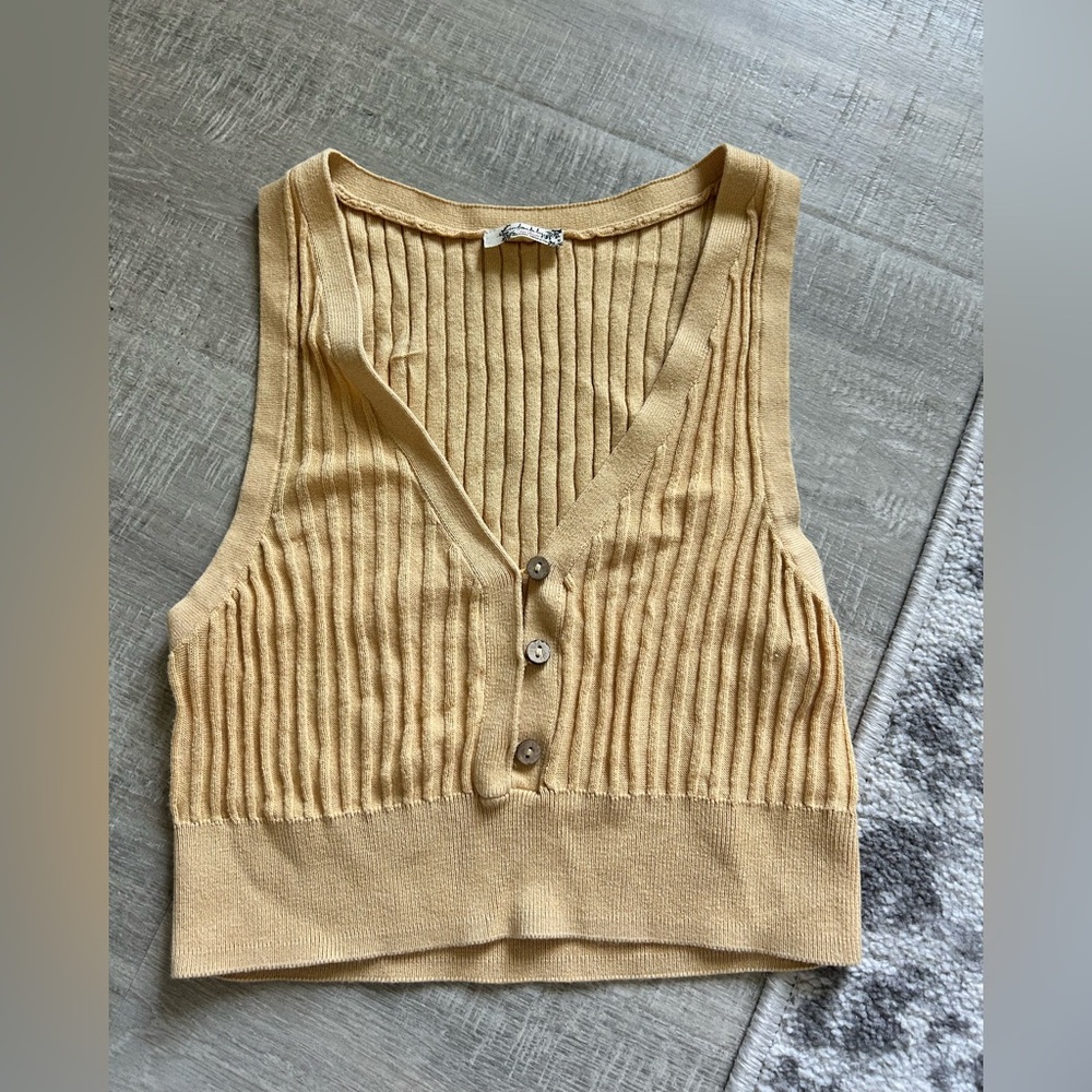 Free People Ribbed Buttoned Crop Top in Honey Yellow